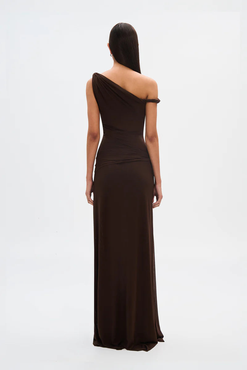 misha sisal asymmetrical draped mesh maxi dress MISHA Sisal One-Shoulder Twist Mesh Maxi Dress