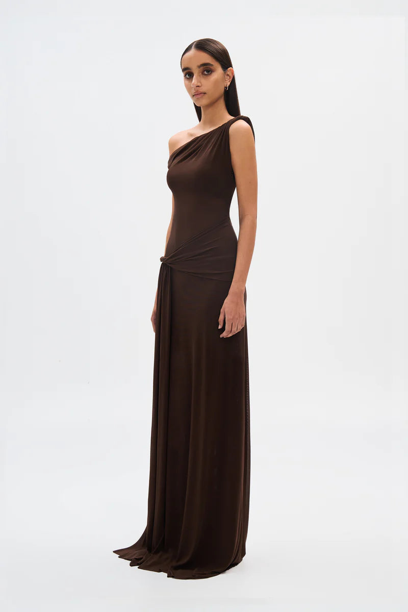 misha sisal asymmetrical draped mesh maxi dress MISHA The 'Sisal' Mesh Dress – Boutique Hire